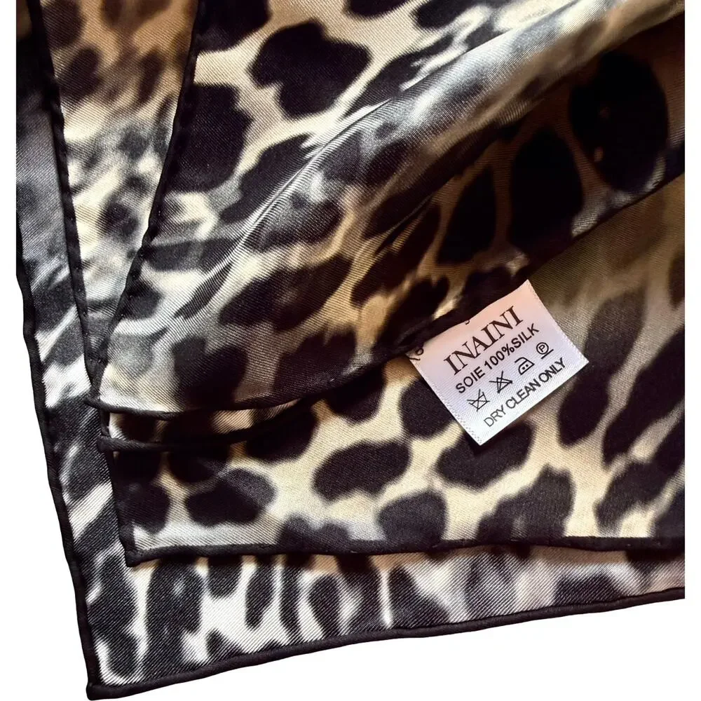 INAINI Silk Scarf Leopard Print Coral Rose Floral Square 35x35